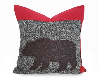 Unique Bear Pillow Cover, Camping Decor, Eco Friendly Upcycled Materials, 16x16  NEW