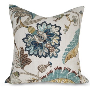 Jacobean Pillow Covers, Blue Floral Pillows, Both Sides, 12x18, 12x20, 16x16, 20x20 image 1