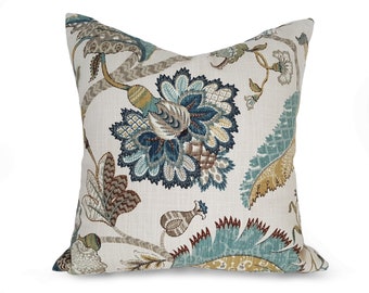 Jacobean Pillow Covers,  Blue Floral Pillows, Both Sides, 12x18, 12x20, 16x16, 20x20