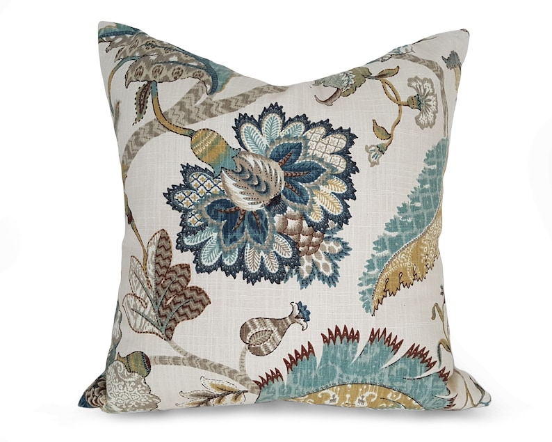 Jacobean Pillow Covers, Blue Floral Pillows, Both Sides, 12x18, 12x20, 16x16, 20x20 image 1