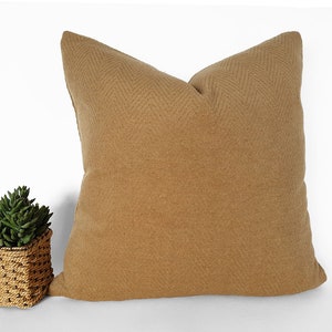 Tan Pillow Covers, Soft Textured Herringbone Cushions, Solid Camel Pillows, Washable, 12x20, 18x18, 20x20