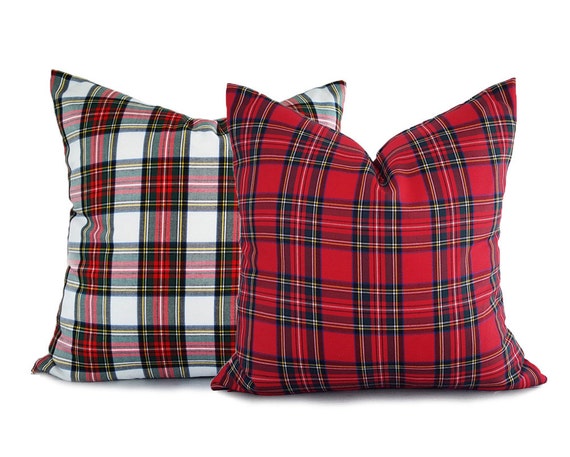 Pair Christmas Pillow Covers Holiday White Red Plaid Pillow Christmas Pillow