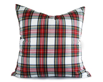 White Red Christmas Plaid Pillow, Tartan Pillow Covers, Country Christmas Decor, All Sizes