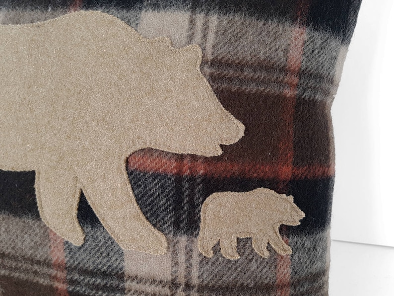 Unique Handmade Bear Pillow Covers, Appliqued Wool Bears for your Camping Decor, 12x18, 12x20, 18x18, 20x20 image 5