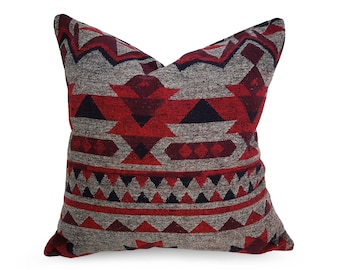 Gray Red Black Southwestern Pillow Cover, Rustic Home Decor, 18x18, 20x20