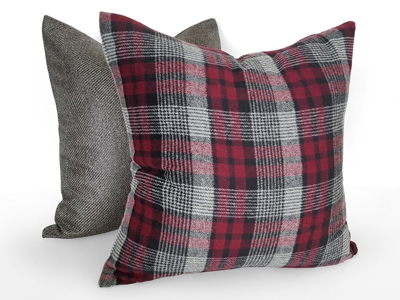 Burgundy Grey Pillow Red Gray Plaid Pillow Cushion Covers Etsy