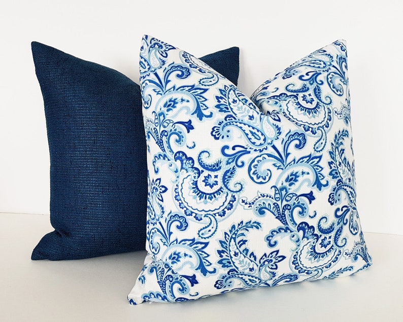 Blue White Throw Pillow Covers Jacobean Floral Pillows Etsy