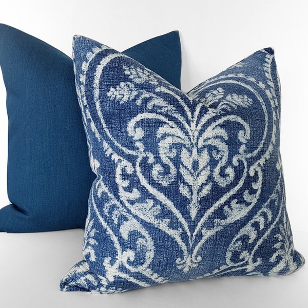 Denim Blue Ikat Pillow Cover, Blue Cream Damask Pillows, 12x20, 18x18, 20x20, 22x22