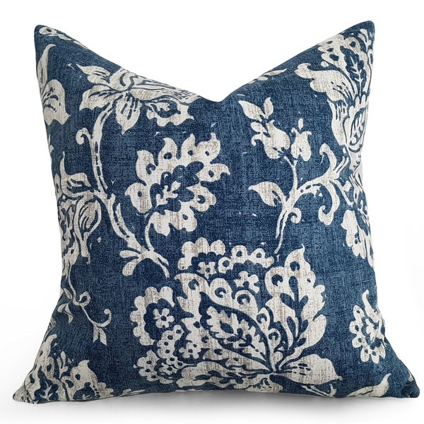 Baltic Blue Floral Pillows, Jacobean Pillow Covers, Blue White Bedroom Decor, 12x20. 14x20
