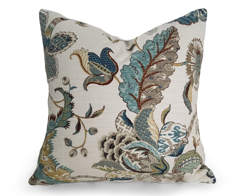 Jacobean Pillow Covers, Blue Floral Pillows, Both Sides, 12x18, 12x20, 16x16, 20x20 image 2