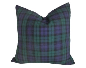 Blue Green Camping Pillow Cases, Traditional Black Watch Plaid Cushions, All Sizes Available