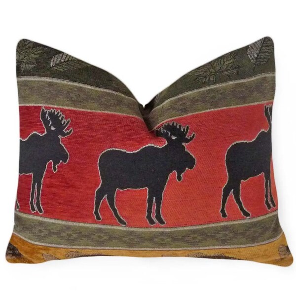 Cabin Pillows, Rustic Moose Pillow Covers, Wildlife  Pillows, Green Rust Brown Black, Wilderness Theme, Fishing Hunting Pillows, 18x18
