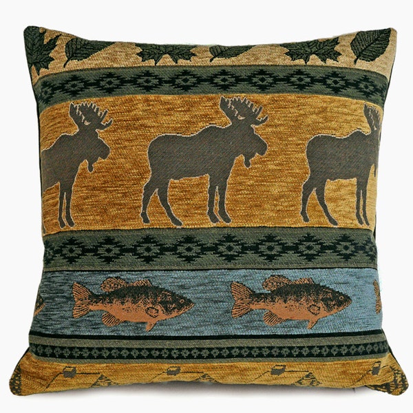 Moose Pillows, Rustic Cabin Pillow Covers, Fall Colors, Earthy Blue Sage Green Brown Grey, Wildlife Decor, 20x20, 50x50 cm