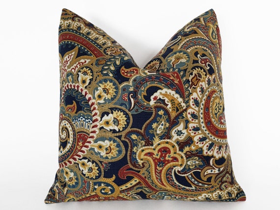 Paisley Pillow Cover Blue Brown Pillow Tan Paisley Pillow Cover