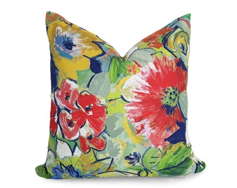 Colorful Floral Throw Pillow Covers, Bright Bold Sofa Cushions,  Multi Colored Flowers in Red Blue Yellow Green, Eclectic Home Decor