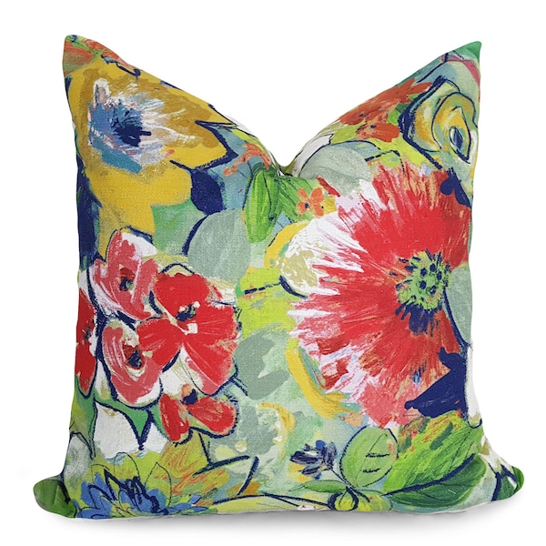 Colorful Floral Throw Pillow Covers, Bright Bold Sofa Cushions,  Multi Colored Flowers in Red Blue Yellow Green, Eclectic Home Decor