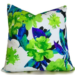Vibrant Designer Pillow Covers, Green Blue Floral Pillow, Bold Watercolor Flowers in Blue Chartreuse White Turquoise, 12x18, 18x18
