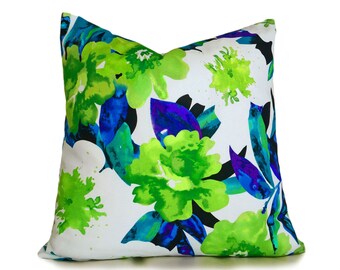 Vibrant Designer Pillow Covers, Green Blue Floral Pillow, Bold Watercolor Flowers in Blue Chartreuse White Turquoise, 12x18, 18x18
