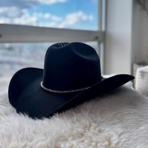 Black Western Hat with Rhinestone Band & Triangle Charm | Suede Cowboy Hat 58cm