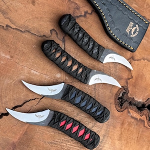 Owltown Pivia Moon Pikal Knife: Hand Forged 12c27 Steel, Katana Tsukamaki Wrap, budtender, grape, fruit harvesting, leather sheath with clip