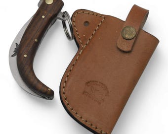 Handmade 8 inch Tranchete, Saca Tripas Knife in bull horn and curved D2 Steel, leather sheath Authentic Ring Knife with Liner lock Design