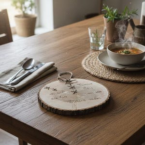 Könnte beinhalten: Ein Holzservierbrett mit natürlicher Kante, mit handgeschriebenem Text und dekorativen Nähten. Das Brett ist rund und hat einen Seilgriff. Eine Schüssel Suppe, ein Löffel und eine Serviette liegen auf einem Holztisch.