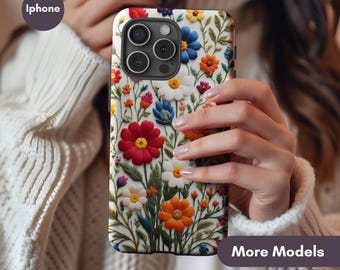 Embroidery Flower Phone Case, floral Lover, Floral Aesthetic, Floral Tough Phone Cases, Vibrant Flower Design for Nature Lovers.