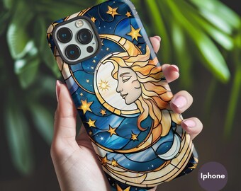 Celestial Moon and Sun Faux Stained Glass Phone Case, Starry Night Sky Iphone & Samsung