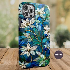Stained Glass Floral Tough Phone Case, faux stained glass Magnolia, Gift for Nature Lover Anniversary Birthdays Mothers Day, Iphone, Samsung