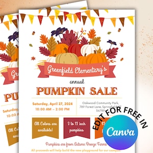 Editable Pumpkin Sale Flyer Fall Festival School Fundraiser Poster Canva Template | Autumn Classroom PTO PTA Event Sign for Printing