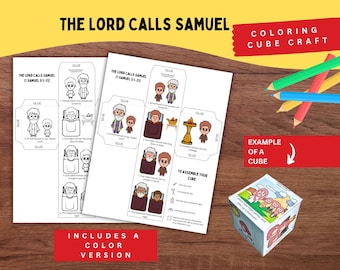 Puede incluir: Un set de manualidades en papel titulado The Lord Calls Samuel, que incluye plantillas en blanco y negro y a color para armar un cubo. Las hojas contienen ilustraciones de Samuel y Eli, instrucciones y un ejemplo de un cubo terminado con gráficos.