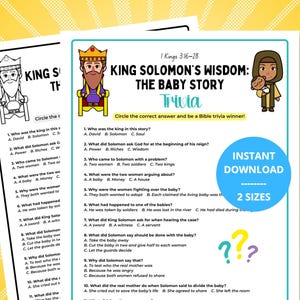 Op de afbeelding: Twee afdrukbare trivia-bladen over de wijsheid van koning Salomo: The Baby Story. De bladen bevatten vragen en antwoorden, met illustraties van koning Salomo en een vrouw die een baby vasthoudt. De tekst bevat "Direct downloaden" en "2 maten."