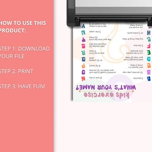 May include: A printed exercise sheet for kids, emerging from a printer. The sheet features colorful text and illustrations, including the phrase "What's Your Name?" and exercise instructions. The instructions include jumping jacks, arm circles, and more.