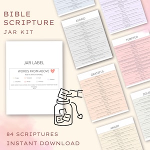 Kit imprimible de escrituras bíblicas, 84 versículos bíblicos por emoción para animar, actividad basada en la fe para la ansiedad, la gratitud, la tristeza y más.