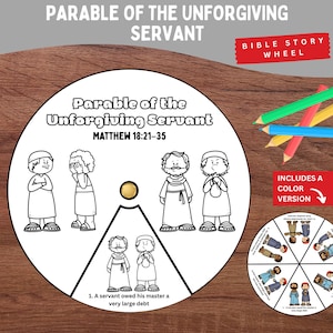 Puede incluir: Una rueda de historias bíblicas con el texto "Parable of the Unforgiving Servant" y "Matthew 18:21-35". La rueda presenta ilustraciones de figuras bíblicas e incluye una versión en color. Lápices de colores a la derecha.