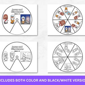 Puede incluir: Cuatro tarjetas blancas con ilustraciones para una lecci&oacute;n religiosa. Dos tarjetas presentan una ilustraci&oacute;n en color de Jes&uacute;s y Nicodemo, con el texto "Jesus and Nicodemus JOHN 3:1-21". Las otras dos tarjetas son versiones en blanco y negro de las mismas ilustraciones. La parte inferior de la imagen tiene el texto "INCLUDES BOTH COLOR AND BLACK/WHITE VERSION".