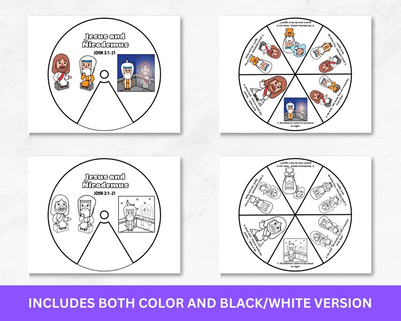 Puede incluir: Cuatro tarjetas blancas con ilustraciones para una lecci&oacute;n religiosa. Dos tarjetas presentan una ilustraci&oacute;n en color de Jes&uacute;s y Nicodemo, con el texto "Jesus and Nicodemus JOHN 3:1-21". Las otras dos tarjetas son versiones en blanco y negro de las mismas ilustraciones. La parte inferior de la imagen tiene el texto "INCLUDES BOTH COLOR AND BLACK/WHITE VERSION".