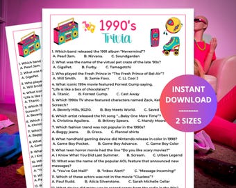 1990s Trivia Game Printable, 90s Party Quiz,Fun Retro Game for Adults & Teens,Back in the 90s,Retro Millennial Party,90's Trivia Party Games