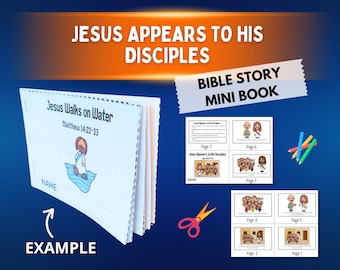 May include: A Bible Story Mini Book titled "Jesus Appears to His Disciples" with illustrations. The cover shows Jesus walking on water. Includes a set of colored pencils and scissors. The text "EXAMPLE" is also visible.