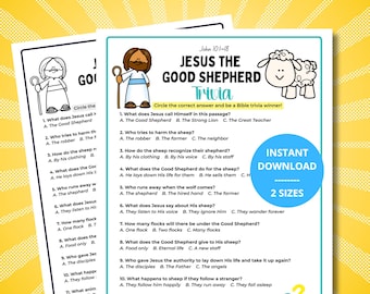 May include: Two printable trivia sheets titled "JESUS THE GOOD SHEPHERD Trivia" in blue and green. The sheets feature Bible questions and illustrations of Jesus and a sheep. The words "INSTANT DOWNLOAD" are in a blue circle.