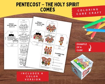 May include: A craft project with the text "PENTECOST - THE HOLY SPIRIT COMES" and "COLORING CUBE CRAFT". The image shows coloring pages, a completed cube example, and coloured pencils. The project includes a colour version.