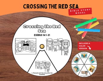 May include: A circular paper craft titled Crossing the Red Sea Exodus 14:1-31 featuring black and white line art illustrations of figures and a central gold fastener. A smaller colored version of the wheel is shown alongside four colored pencils.