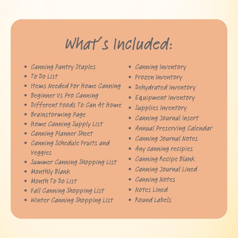 May include: A peach-colored printable checklist for home canning. The checklist includes a list of items needed for home canning, such as canning pantry staples, a to-do list, and a brainstorming page. It also includes a list of canning inventory items, such as canning journal inserts, canning notes, and round labels.