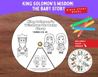May include: A circular paper craft titled King Solomon's Wisdom: The Baby Story 1 KINGS 3:16-28, featuring black and white line art of a king and two women with a baby. A smaller colored version of the wheel and four colored pencils are included.