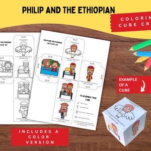 Op de afbeelding: Een kleurkubusknutselwerk met het verhaal van Filippus en de Ethiopiër. De afbeelding bevat bedrukte vellen met illustraties en instructies, een afgewerkt kubusvoorbeeld en kleurpotloden. De tekst bevat "Filippus en de Ethiopiër" en "Kleurkubusknutselwerk".