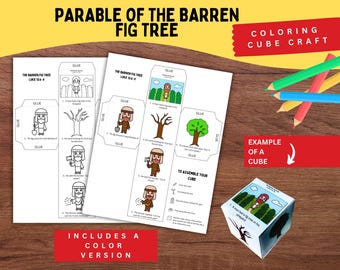 May include: A Parable of the Barren Fig Tree coloring cube craft kit featuring two printable sheets with black and white and colored illustrations of the biblical story, including instructions and a fully assembled paper cube example.