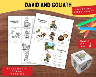 David and Goliath Coloring Cube Printable | 1 Samuel 17 Bible Story for Kids | David the Shepherd Boy Sunday School Craft Activity PDF