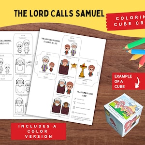 Cubo para colorir &quot;Deus chama Samuel&quot; para imprimir | História bíblica infantil de 1 Samuel 3 | Lição &quot;Samuel ouve Deus&quot; para atividades da Escola Dominical