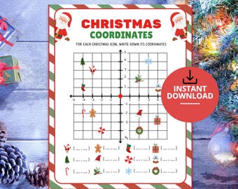 May include: A Christmas coordinates math worksheet featuring a Cartesian plane with grid lines, axes, and various holiday icons like Santa, a snowflake, and a gingerbread man. The page includes a title, instructions, and blank spaces for answers.