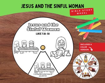 Könnte beinhalten: Ein kreisförmiges Papierbastelset mit dem Titel Jesus and the Sinful Woman Luke 7:36-50 mit schwarz-weißen Strichzeichnungen biblischer Szenen. Eine kleinere farbige Version des Rades ist zusammen mit vier Buntstiften enthalten.